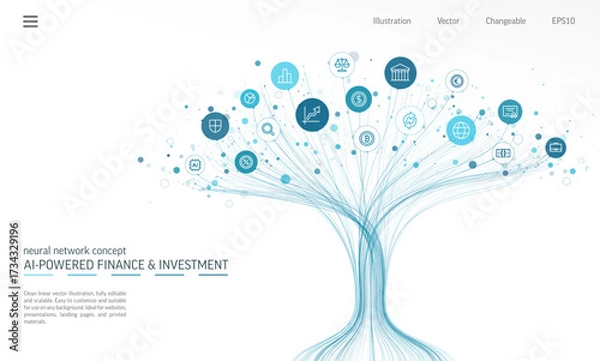 Fototapeta Linear vector illustration, abstract AI powered growth tree with finance, investment and banking icons. Digital technology, Neural network background. Crypto trading, fintech business concept. Vector