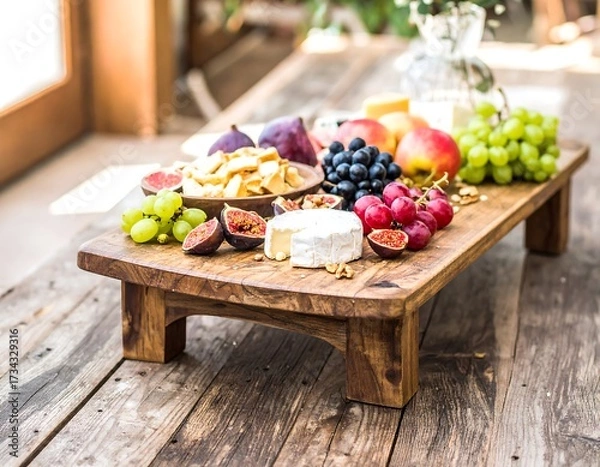 Obraz Wooden board laden with assorted cheeses, fruits, and nuts