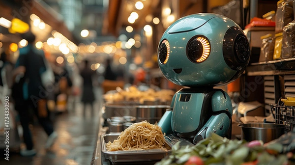 Fototapeta Robot Chef at the Street Market: A charming turquoise robot chef stands amid a bustling street market scene, observing the culinary action with curious eyes, bringing future into the now.