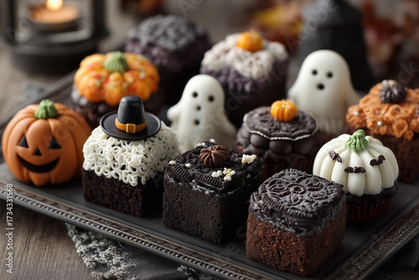 Fototapeta Halloween desserts including ghost figures, jack-o'-lanterns, and dark chocolate cakes decorated with witch hats and cookies.