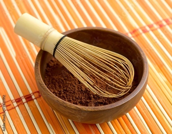 Obraz Wooden bowl with cocoa powder and whisk