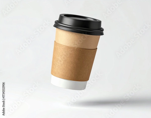 Fototapeta Floating coffee cup disposable paper cup kraft sleeve black lid minimal design clean background takeaway drink modern style mockup isolated object blend elegance and utility, inviting cozy