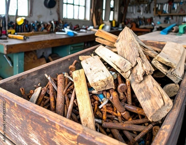 Obraz Wooden box overflowing with rusted nails and scraps of wood in a workshop