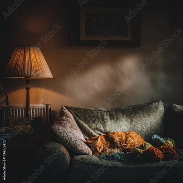 Fototapeta Orange Cat Sleeping on Sofa with Yarn and Lamp