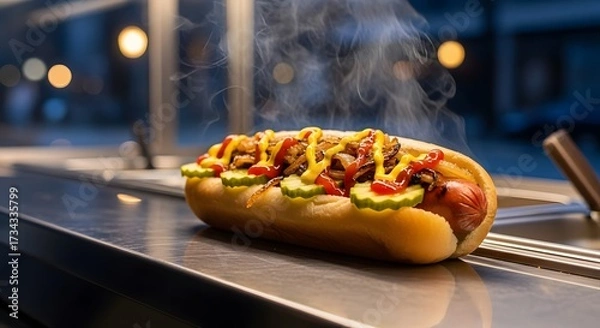 Fototapeta Chicago Style Hot Dog with All the Fixings on a Steaming Grill.