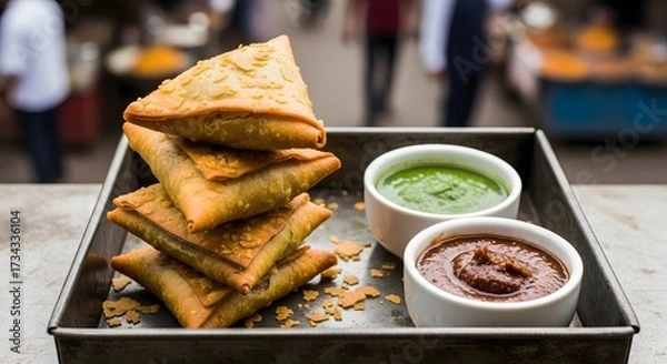 Fototapeta Delicious Samosas with Mint and Tamarind Chutneys.