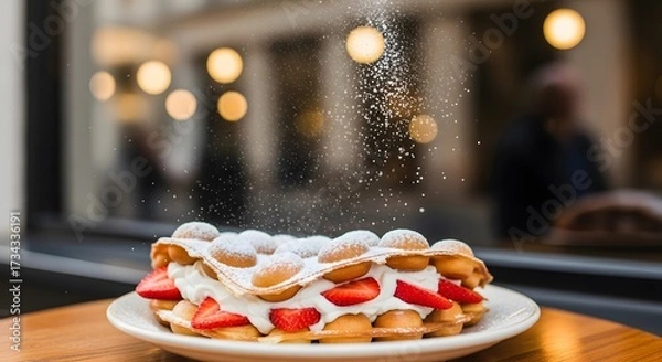 Fototapeta Delicious Strawberry Waffle Delight with Powdered Sugar Drizzle.