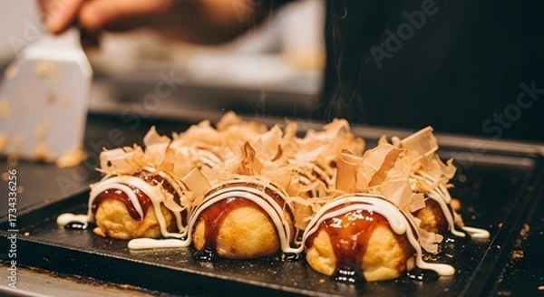 Fototapeta Delicious Takoyaki Balls with Toppings on a Griddle.