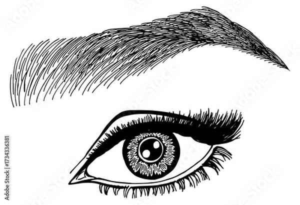 Fototapeta Illustration with woman's eye, eyelashes and eyebrow. Makeup Look. Tattoo design. Logo for brow bar or lash salon.