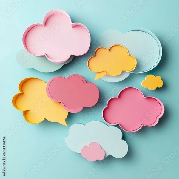 Fototapeta Colorful Paper Cut Speech Bubbles in Thought Clouds on a Blue Background