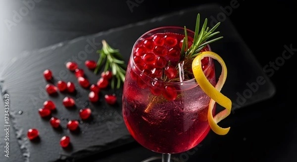 Fototapeta Festive Pomegranate Cocktail with Rosemary and Lemon Twist.