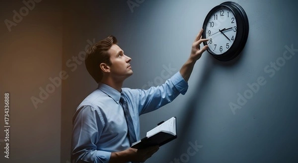 Fototapeta Man Adjusting Clock - Time Management and Business Focus.