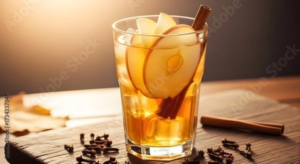 Fototapeta Refreshing Apple Cider Cocktail with Cinnamon and Ice.