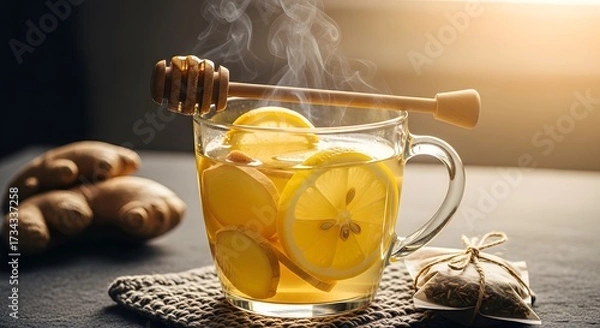 Fototapeta Refreshing Lemon Ginger Tea with Honey and Herbs.
