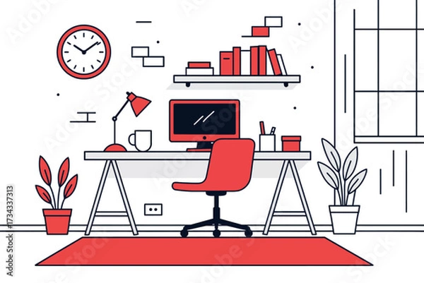Obraz Modern home office interior with desk computer chair books and plants in minimalist style illustration