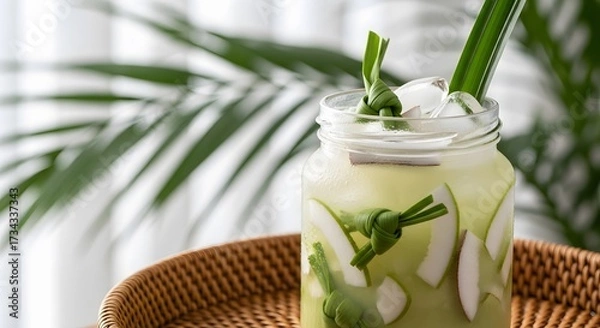 Fototapeta Refreshing Pandan Drink with Coconut and Ice in a Glass Jar.