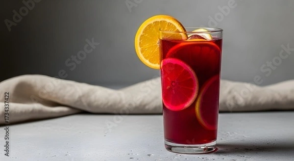 Fototapeta Refreshing Red Sangria Cocktail with Orange and Lemon Slices.