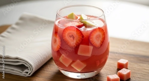Fototapeta Refreshing Strawberry and Watermelon Drink with Fruit Chunks.