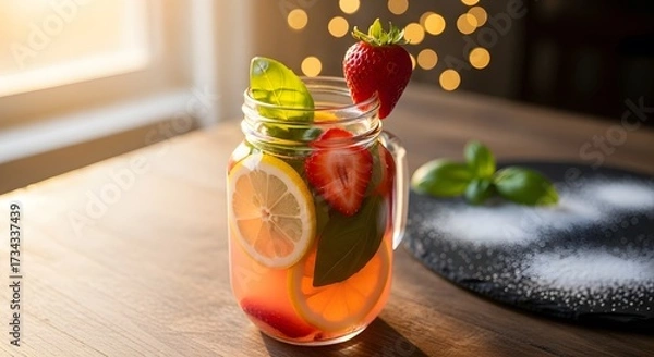 Fototapeta Refreshing Strawberry Lemon and Basil Infused Water.
