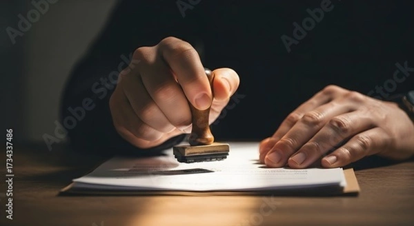 Fototapeta Stamping Approval - Hand Applying Seal to Document on Wooden Desk.