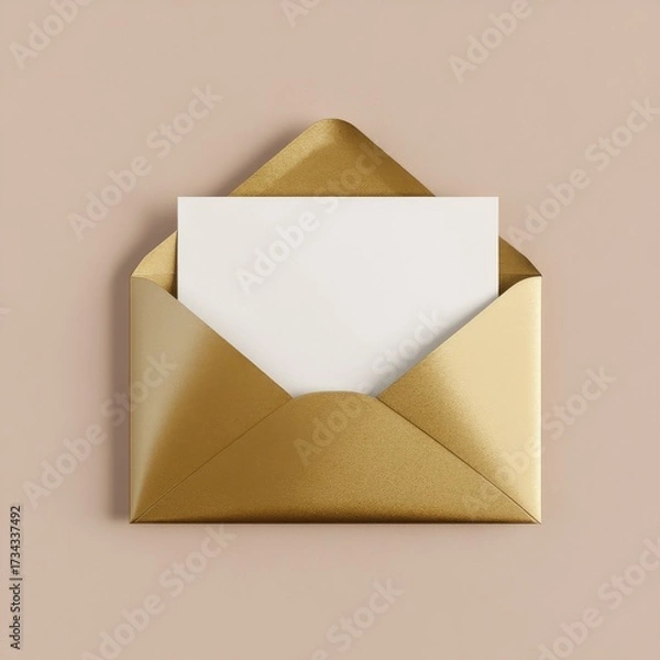 Fototapeta Elegant Gold Envelope with Blank Card on Soft Beige Background