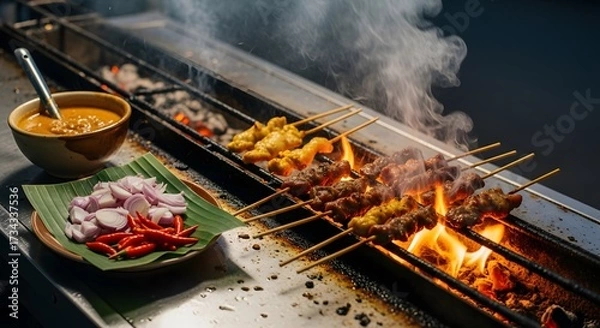 Fototapeta Satay Grill - Aromatic Skewers Cooking Over Open Flames.
