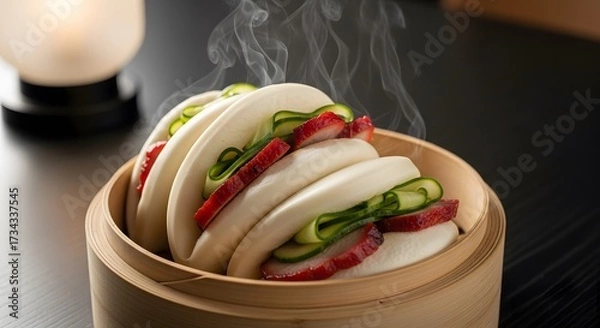 Fototapeta Steaming Gua Bao Buns with Pork Belly and Cucumber.