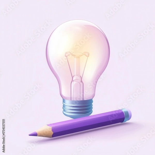 Fototapeta Bright 3D Vector Light Bulb and Pencil Illustration in Soft Style