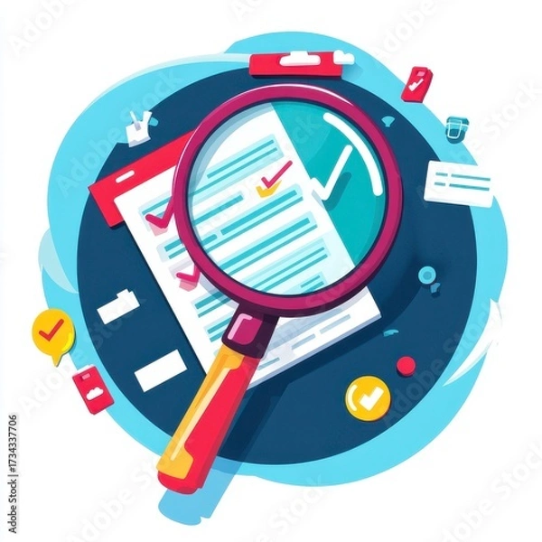 Fototapeta Colorful Infographic with Magnifying Glass and Checklist Focus