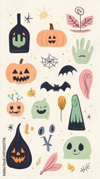 Fototapeta Playful Halloween Doodles with Pumpkins, Bats, and Ghostly Elements