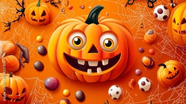 Fototapeta Colorful Halloween Pumpkin Design with Smiling Faces and Candies