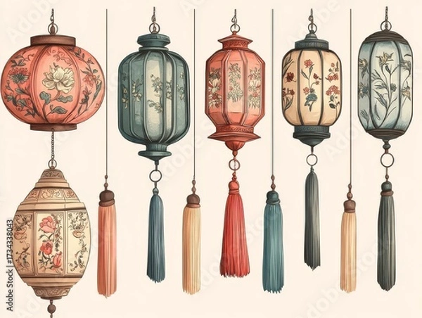 Fototapeta Elegant Floral Lantern Set with Colorful Tassels and Details