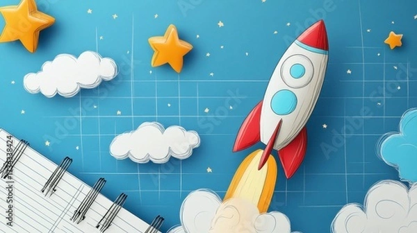 Fototapeta Colorful Rocket Launch with Clouds and Stars in Educational Concept