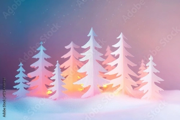 Fototapeta Serene Paper Cut Christmas Trees Glowing in Soft Light