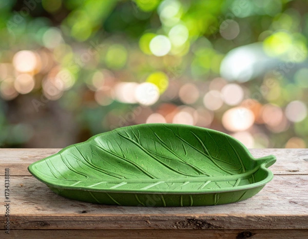 Fototapeta Leaf shaped tray compostable tray eco friendly biodegradable green plate leaf design tableware rustic wood natural texture kitchen decor. Leaf shaped tray with compostable tray material rustic