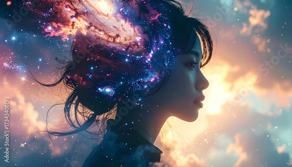 Fototapeta Surreal human silhouette blending into galaxy, double exposure effect