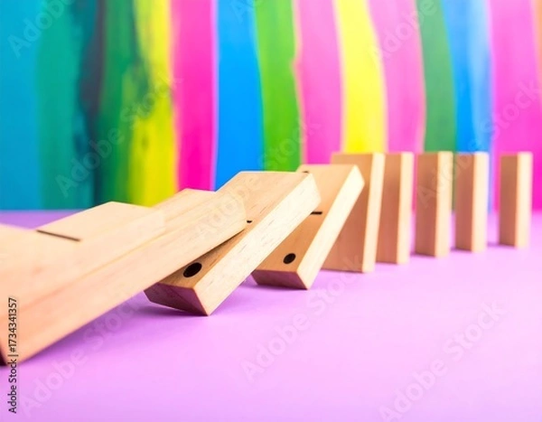 Obraz Wooden dominoes falling on a colorful background