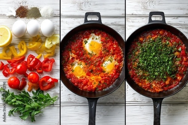 Fototapeta Step-by-step preparation of shakshuka