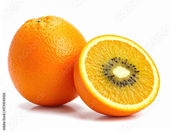 Fototapeta Orange kiwi hybrid fruit sliced citrus cross section juicy fresh vibrant seed pattern tropical bright color isolated white background with clean studio light modern food concept appetizing and fun