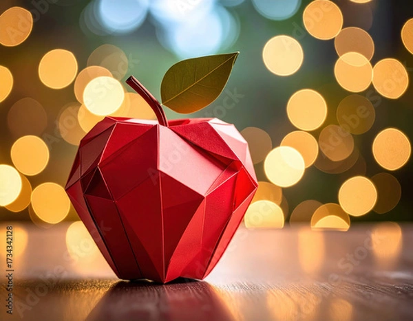 Fototapeta Red apple origami geometric paper sculpture folded craft art polygonal design glossy red surface bokeh background warm golden lights wooden table single green leaf modern minimal style