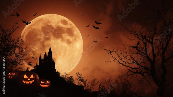 Fototapeta Haunted Castle with Full Moon, Flying Bats and Glowing Jack Lanterns on Halloween Night