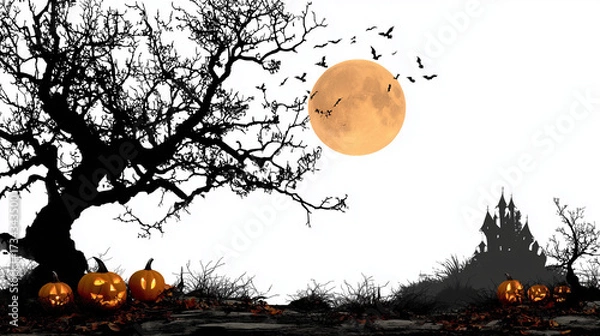 Fototapeta Haunted Tree and Castle with Full Moon, Flying Bats and Jack Lanterns on Halloween Night