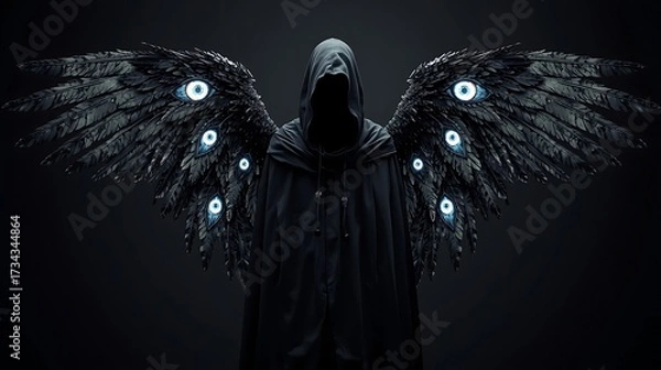 Fototapeta A demon wearing a black cloak that covers his face and is adorned with black wings.