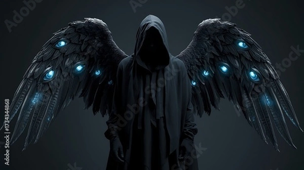 Fototapeta A grim reaper wearing a black cloak that covers his face and is adorned with satanic wings.