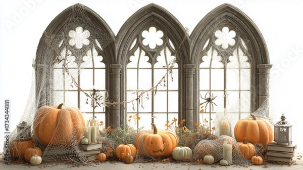Fototapeta Halloween Pumpkins and Candles with Gothic Arched Windows and Cobwebs