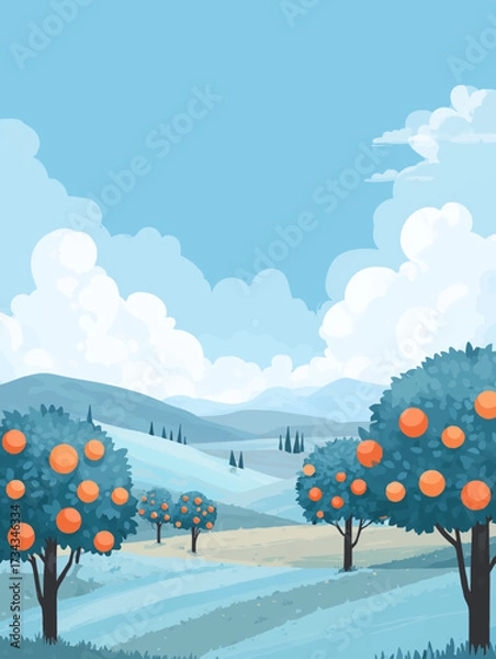 Fototapeta Cartoon illustration of an orange orchard in a hilly landscape under a bright blue sky with large clouds. Vibrant orange trees and peaceful scenery, perfect for backgrounds, nature themes