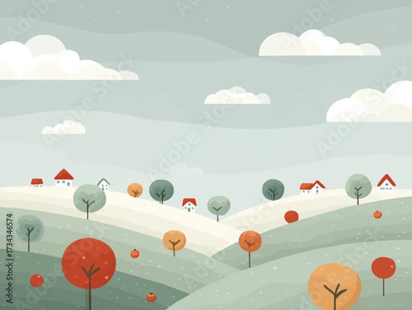 Fototapeta Cartoon illustration of a peaceful rural landscape with rolling hills, colorful trees, and small houses with red roofs. Minimal and cozy scene with falling snow or gentle rain, perfect for backgrounds