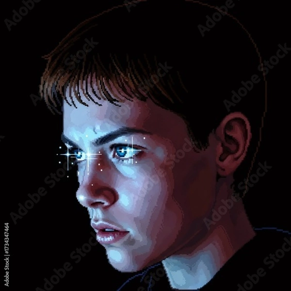Obraz 黒色の背景にいる青い瞳の若い男性の肖像画