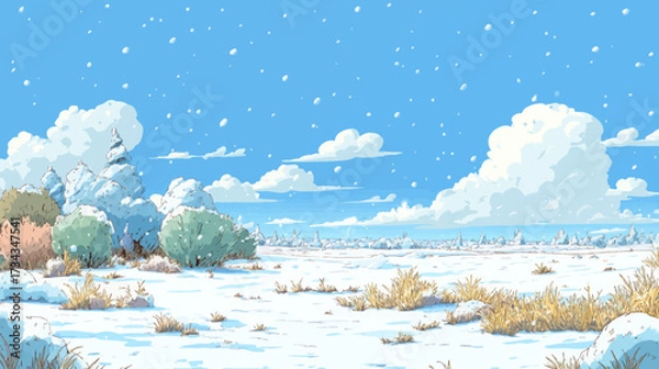 Fototapeta Cartoon illustration of a peaceful winter landscape with snow-covered trees, falling snowflakes, and blue sky. Serene and cozy scene featuring fluffy clouds, snowy ground