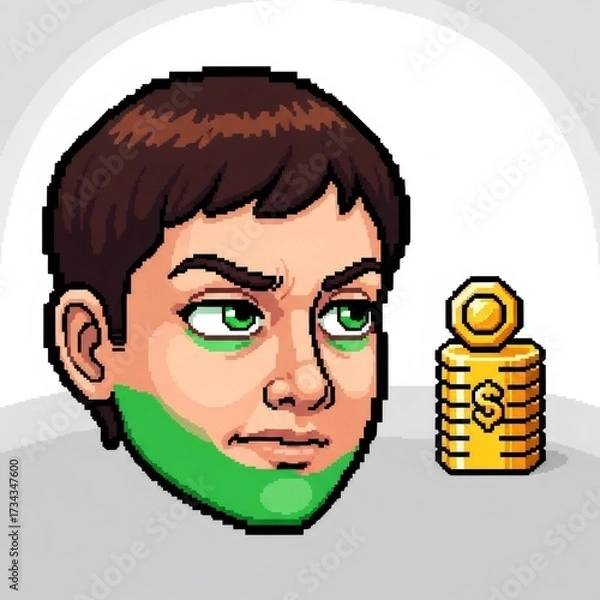 Obraz ピクセル化された男の頭部と金のコインのスタックのデジタルアート